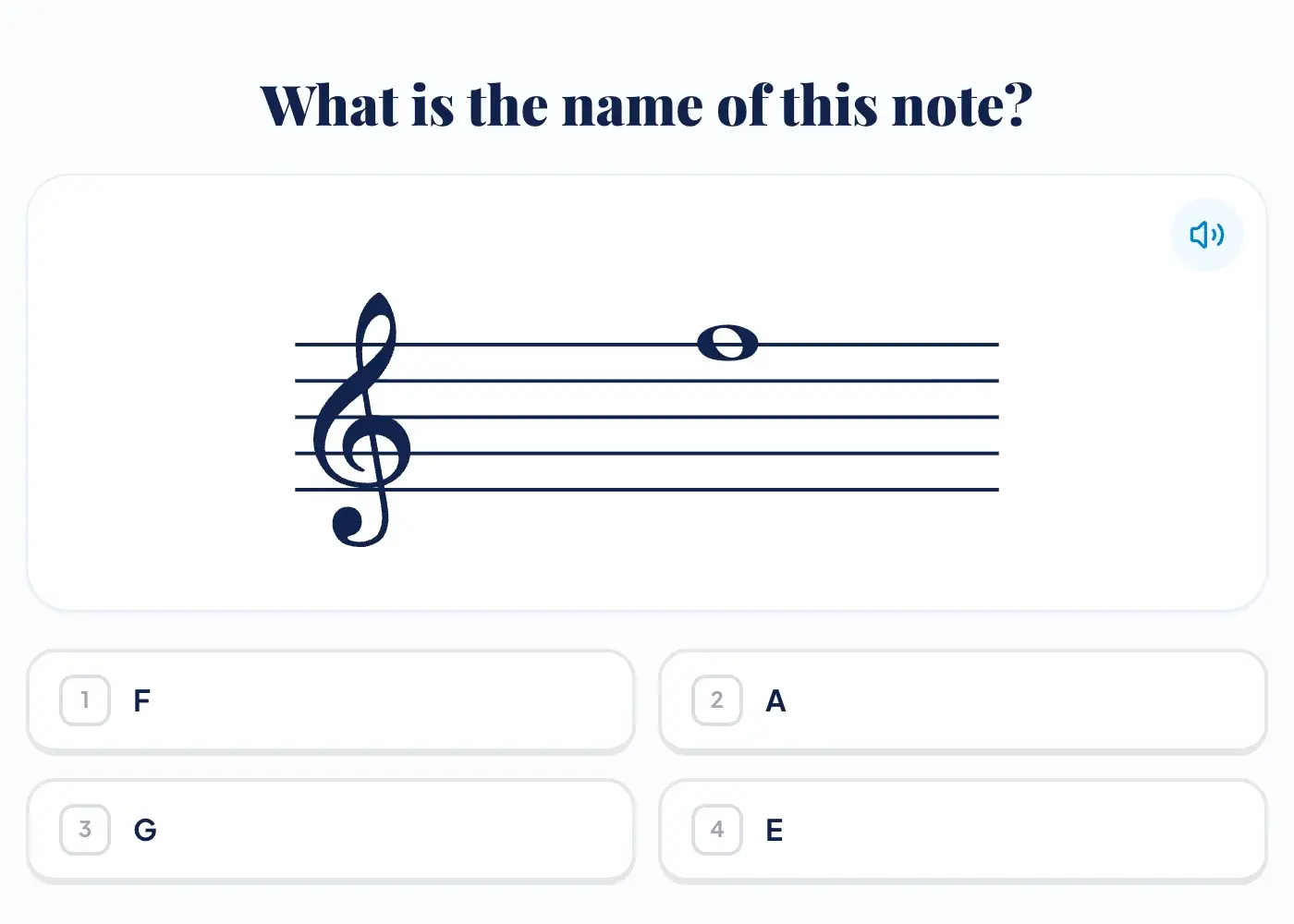 A practice question asking for the name of a note on the treble staff