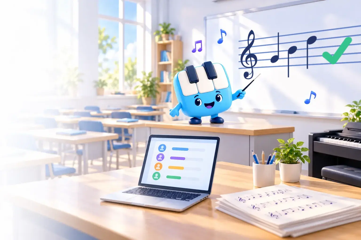 Melo teaching at the front of a music classroom, with class progress on a laptop