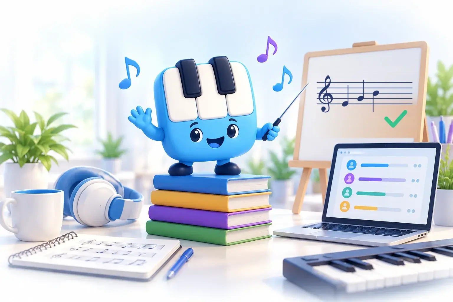 Melo standing on a stack of books beside a laptop and a staff with a tick