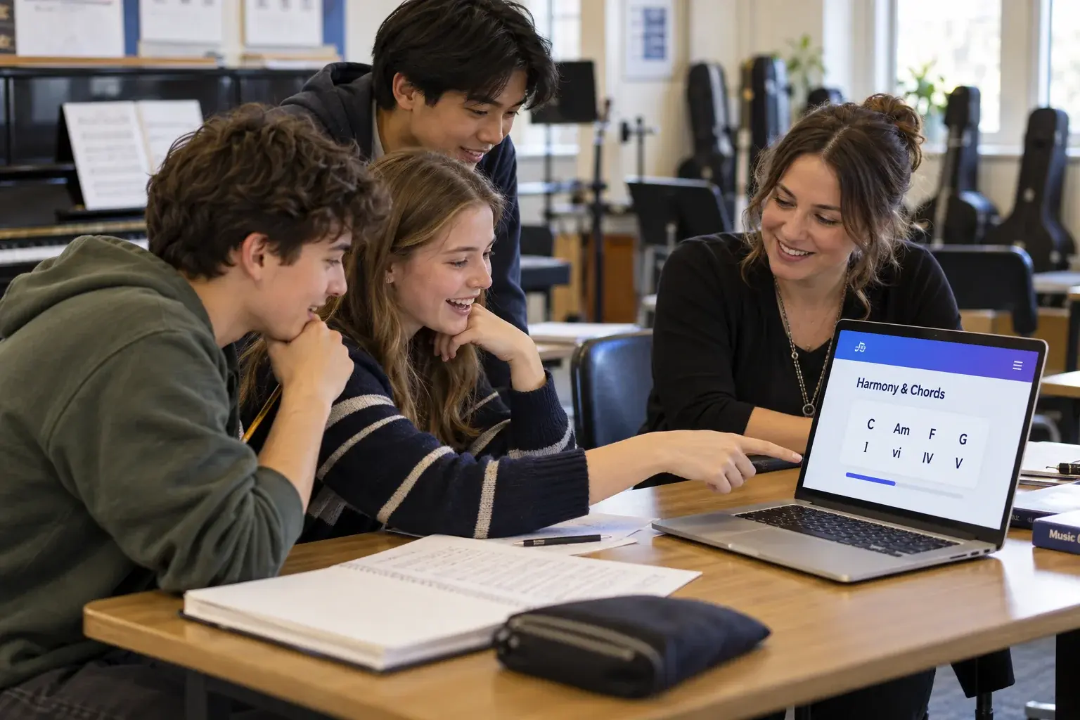 A teacher and secondary-school music students discussing chord progressions together on a laptop