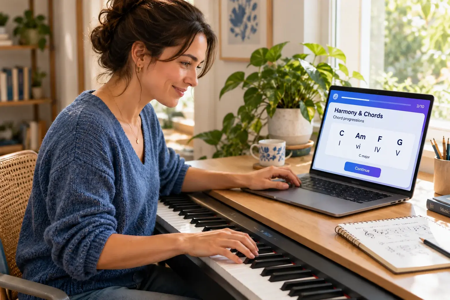 An independent learner smiling as she practises music theory on a laptop beside her piano