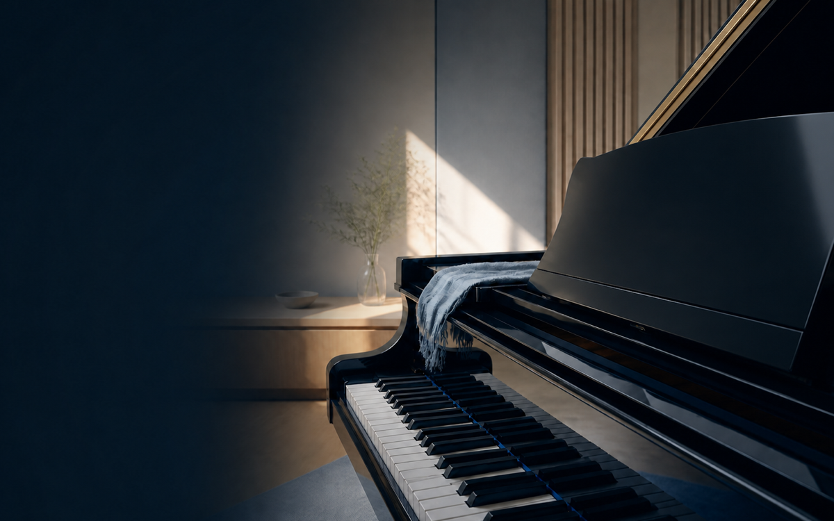 Grand piano in a sunlit studio